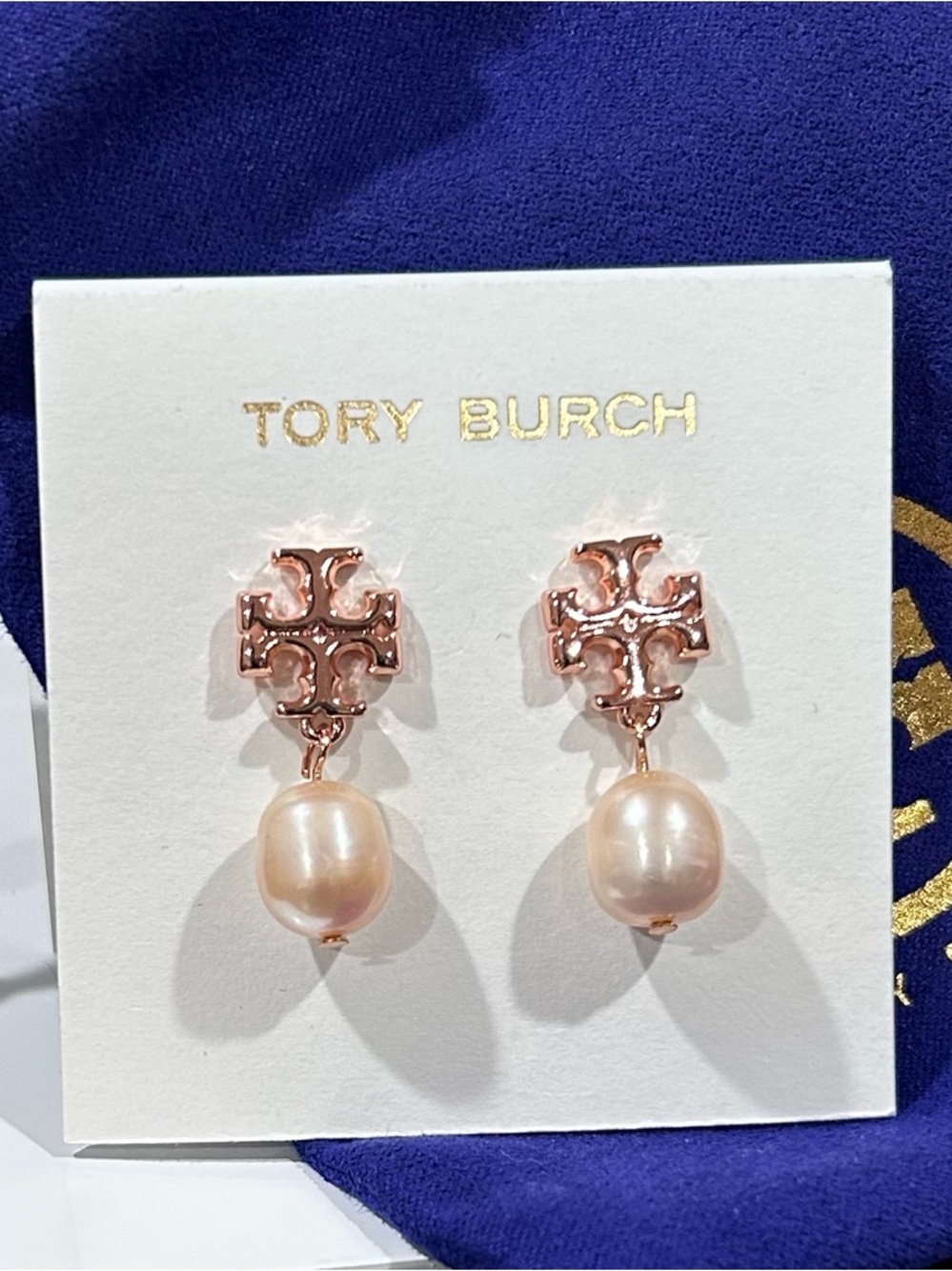 Tory Burch Rose Gold Logo Drop Earrings with Pink Pearl Drops